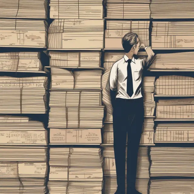 Financial professional poring over paperwork amidst regulatory mountainous pressure
