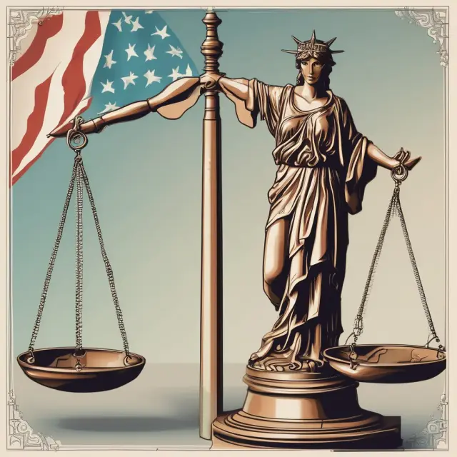 Justice figure with scales, one pan holding liberty torch, while other holds security shield, representing the balancing advantages and disadvantages of USA PATRIOT Act