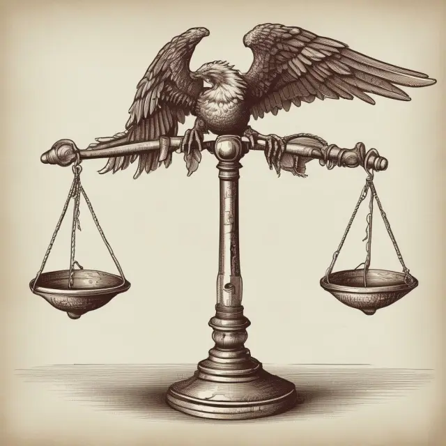 Balance scale with a phoenix (civil liberties) and dragon (national security), depicting sneak and peek searches as the hidden hand maintaining equilibrium.