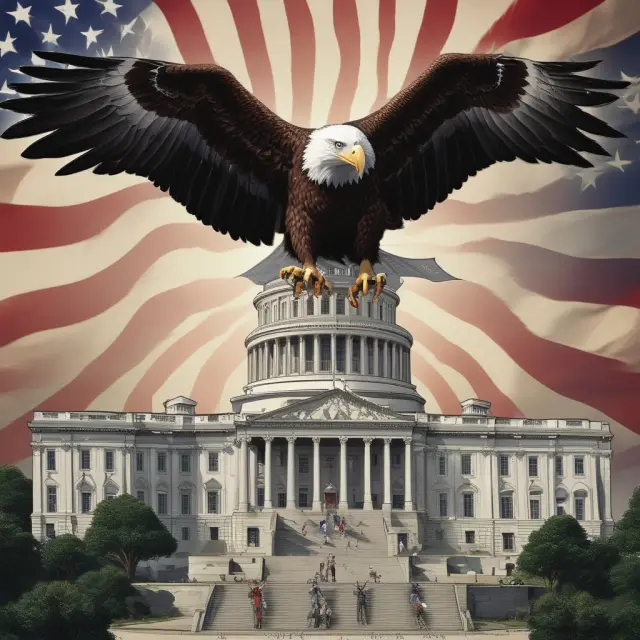 An eagle, symbolizing vigilance and protection, holding the USA PATRIOT Act, safeguarding society from terror threats