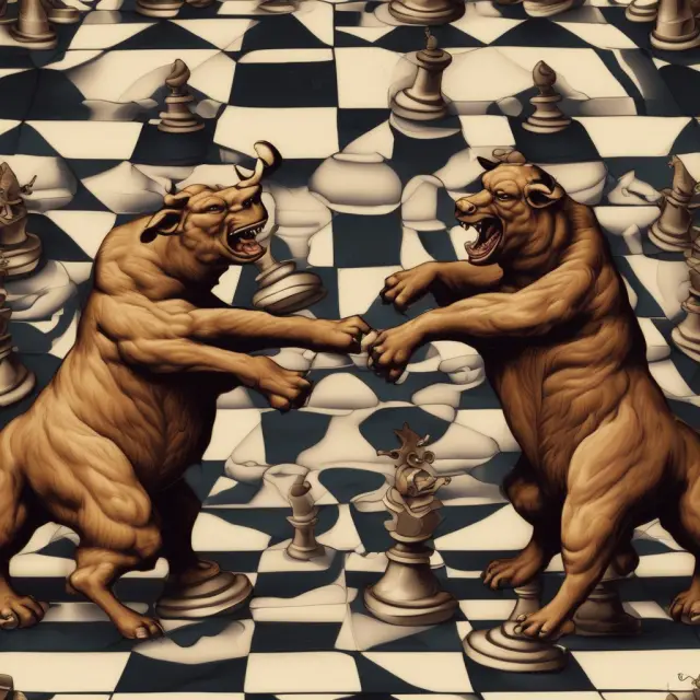 Bulls and bears engaging in various pattern day trading strategies: momentum, scalping, arbitrage, and swing trading.