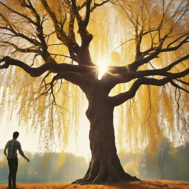Golden leaves falling from a weeping willow tree into the hands of beneficiaries, illustrating a POD account.