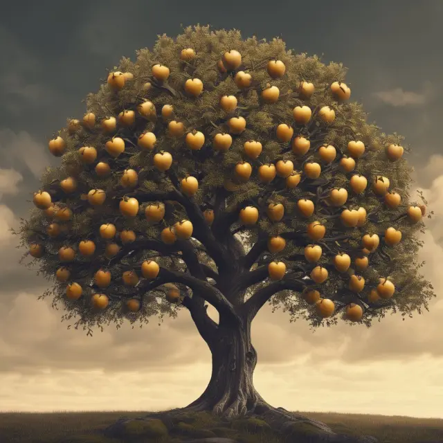 Golden apples on a fruitful tree symbolizing POD accounts, providing privacy, control and simplified asset distribution to future generations.
