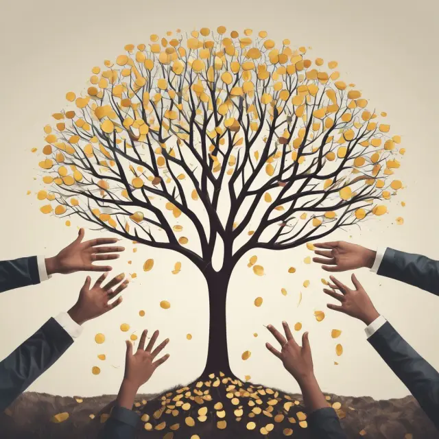 A tree laden with golden coins, multiple hands reaching out to collect their fair share