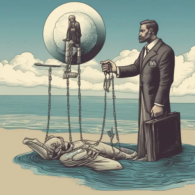 Giant figure extends a helping hand to a struggling consumer, symbolizing debt forgiveness and the protective role of regulations