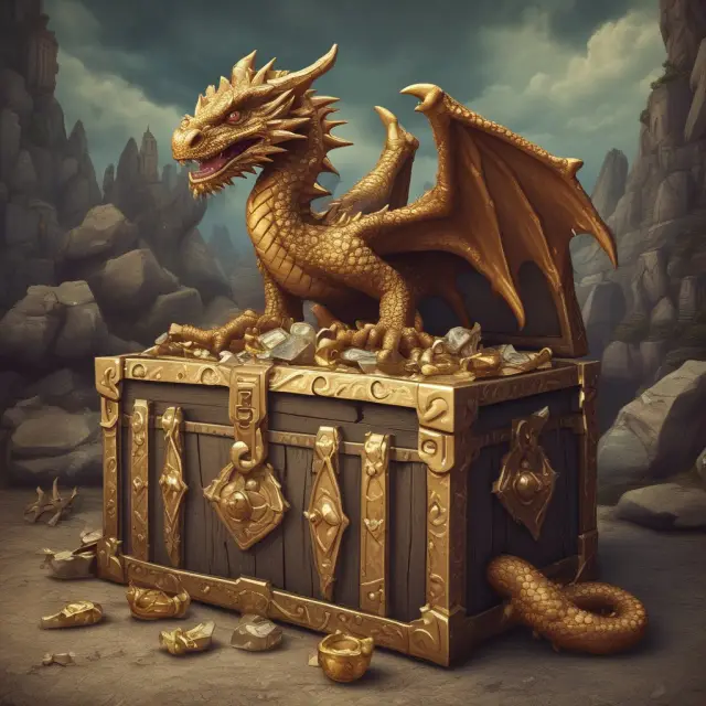 A mythical dragon guards a treasure chest containing golden question marks, symbolizing the common misconceptions and frequently asked questions surrounding payday loans