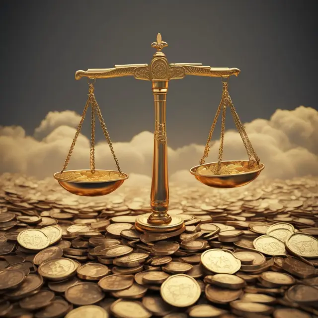 A golden scale balanced with coins on each side, symbolizing wise financial management strategies for payees.
