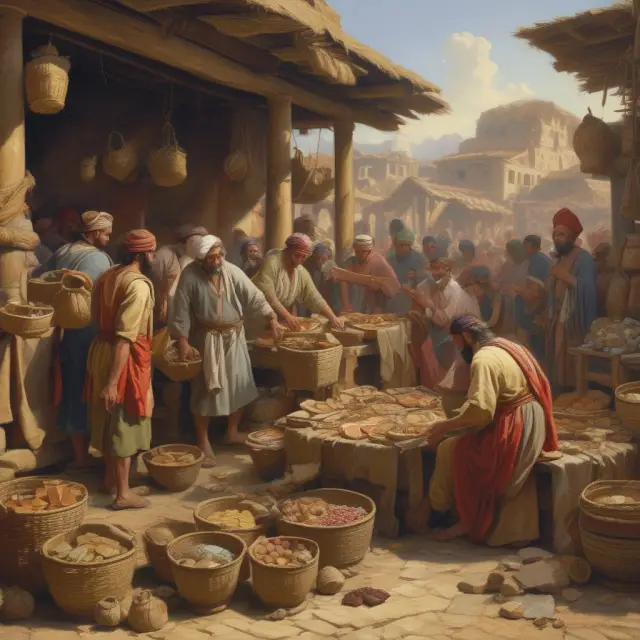 Bartering traders with various historical currencies, illustrating the evolution from physical goods to currency-based transactions