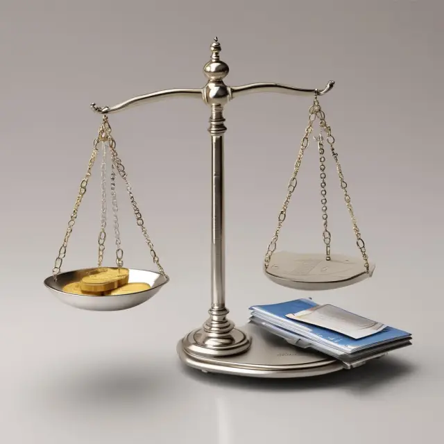 Golden credit card and silver coin purse on a balance scale, representing the pros and cons of credit card usage