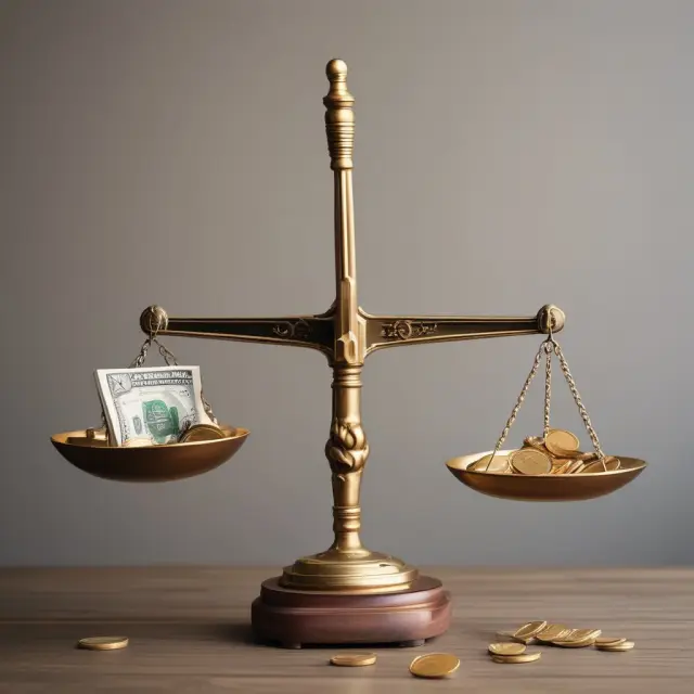 A weighing scale comparing cash pros (gold coins) to cons (paper money)