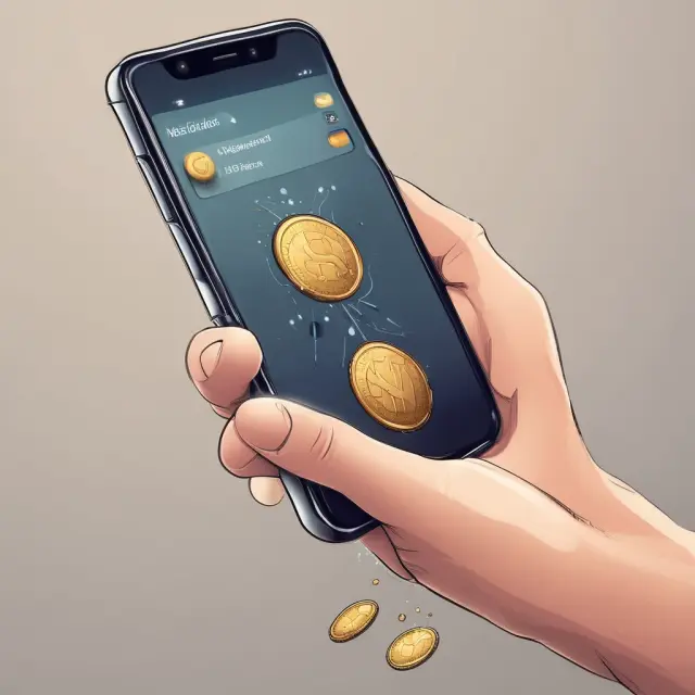 An open mobile wallet illustrates the transfer of digital currency between two hands