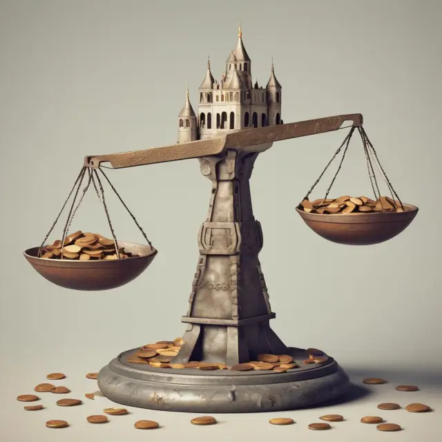 Scales balancing coins of diverse currencies atop a castle representing payment regulations and security.