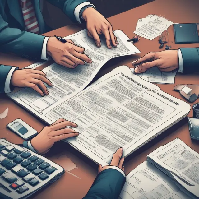 Image of a borrower and investor engaging in a payment-in-kind exchange, surrounded by stacked tax documents and intertwined financial reports