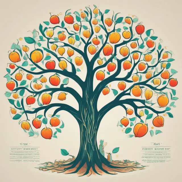A wealth tree with branches symbolizing various companies bearing fruit of varying sizes representing different payout ratios influenced by company size, industry, and investor preferences