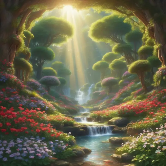 A lush garden filled with various blooming flowers, nurtured by the golden sunlight represented by payout streams