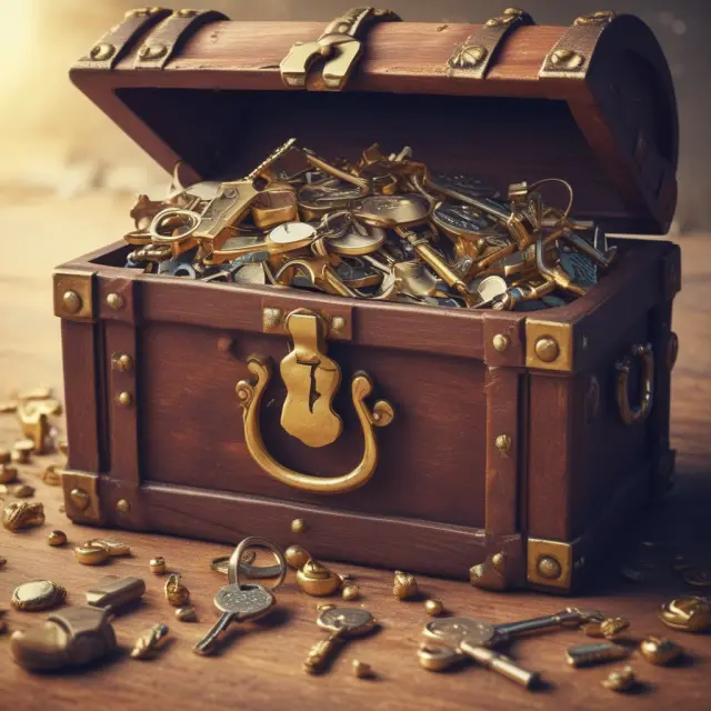 A treasure chest brimming with gold keys representing stocks, bonds, and mutual funds, emphasizing the variety of investments that offer payouts