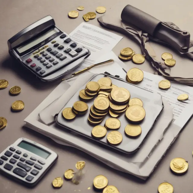 A self-employed person handling income, represented by gold coins, balancing atop a scale while managing payroll taxes with a book and calculator.