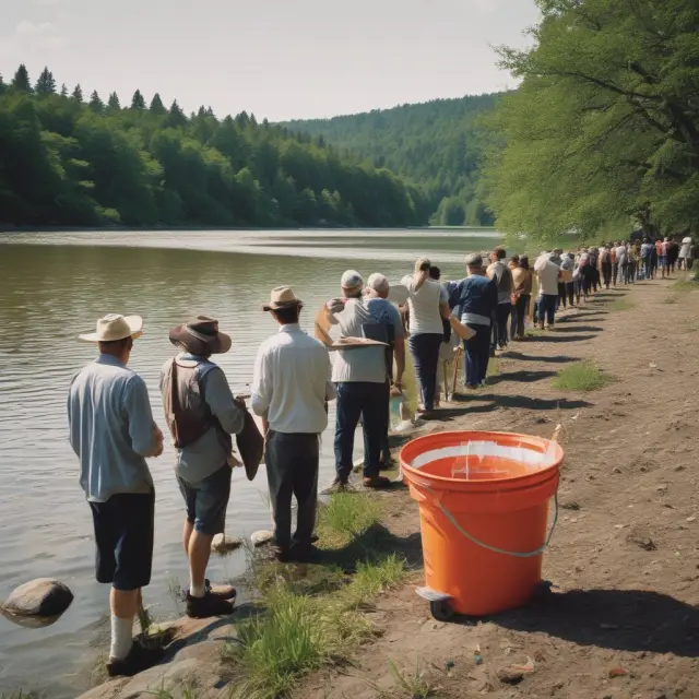 People filling a bucket labeled OASI Trust Fund at a riverbank, symbolizing Social Security taxes funding retirement benefits