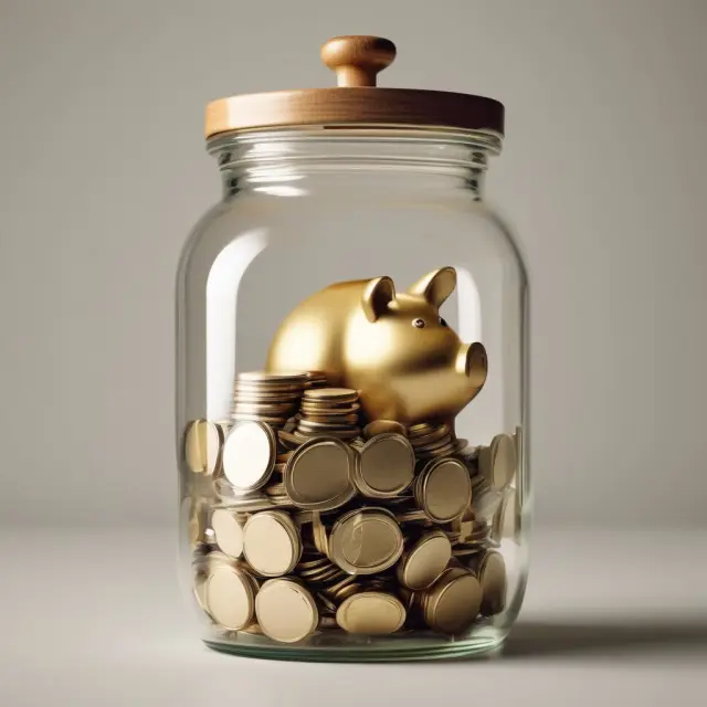 A golden piggy bank dispensing coins into various jars representing different savings goals in the 