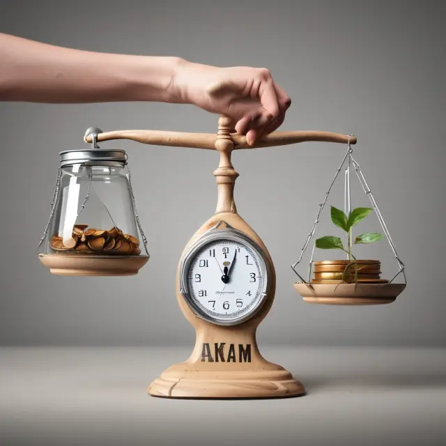 Image: A person balancing a scale between a budget and a savings jar, emphasizing the importance of prioritizing savings in personal finance.