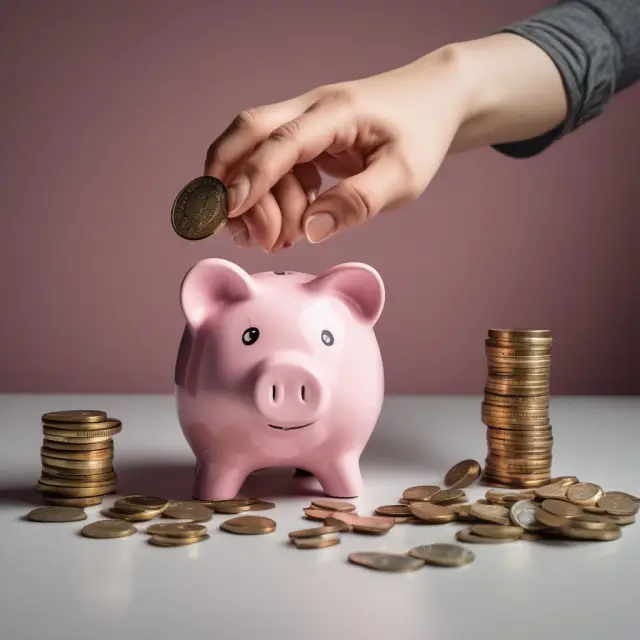 A hand releasing coins into a piggy bank with a mirror reflection revealing a person saving for their future