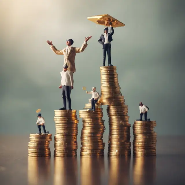 A person arranges golden coins atop an emergency fund pile while saving for retirement