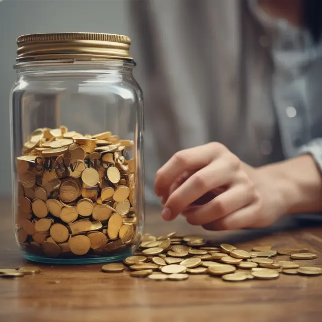 A person fills a jar with golden coins marked 