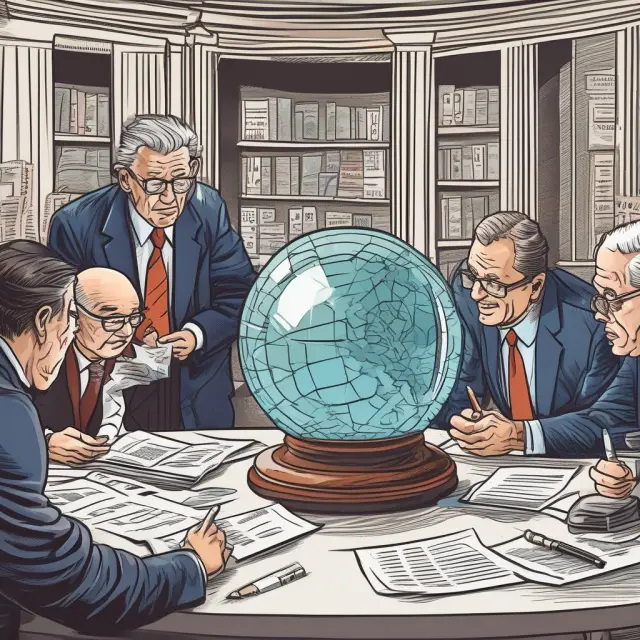 Institutional investors examining future pension obligations and assets in a crystal ball, illustrating the significance of projected benefit obligations for informed decision-making.