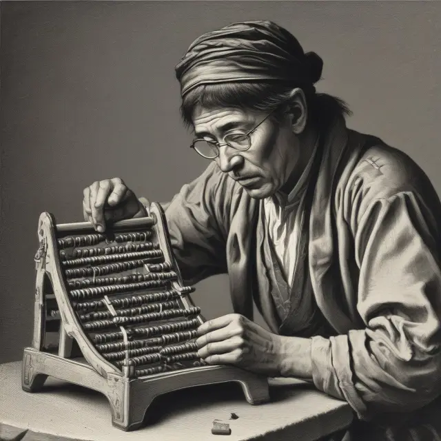 An image of a scholar intently calculating the probability density function (PDF) of a normal distribution using an abacus and a quill, representing traditional methods in finance.