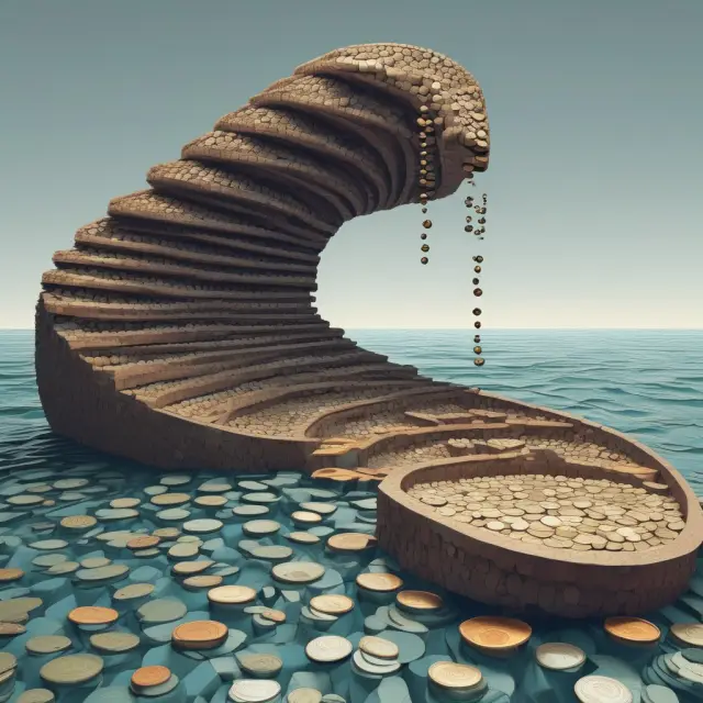 An image showcasing discrete coins stacked like steps contrasting with a continuous water flow illustrating probability density functions for discrete and continuous random variables.