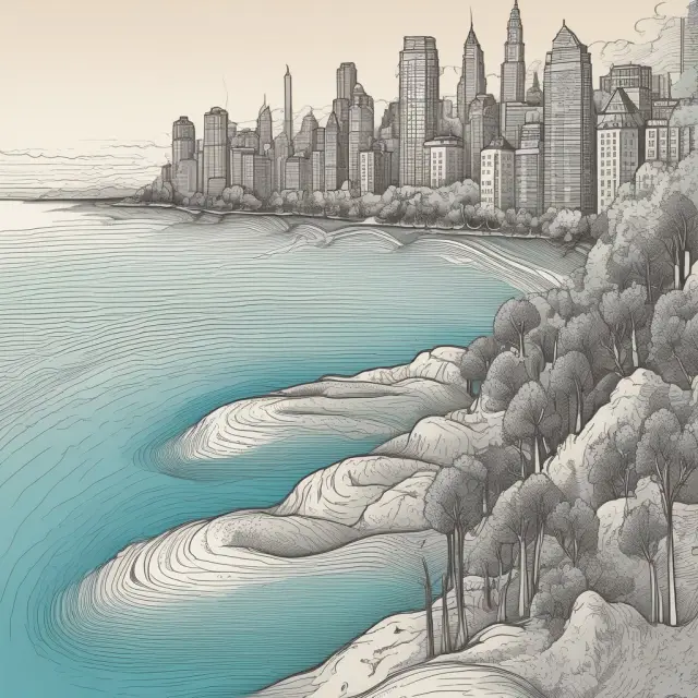 Riverbank scene with normal, binomial, lognormal, Poisson, and beta distributions merging together
