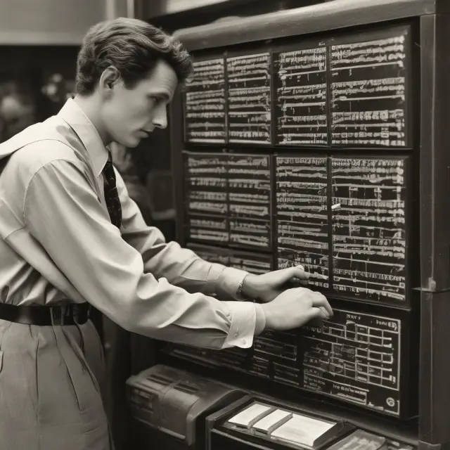 A time traveler working on a vintage stock ticker calculating P/E 10 ratios, merging historical financial data with the present