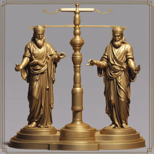 Three wise oracles representing P/E 10, Price-to-Sales (P/S), and Dividend Discount Model (DDM) consulted on a golden scale to determine stock valuation.