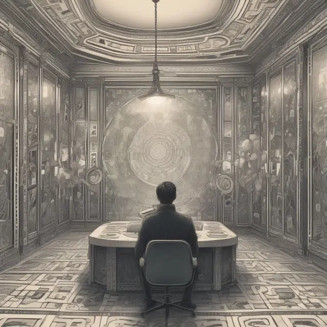 An oracle surrounded by mirrors reflects diverse financial reports, symbolizing peer group analysis in finance and investing