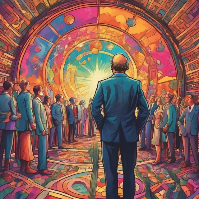 An institutional investor examining a kaleidoscope filled with images of peer company logos, revealing hidden trends and potential investments