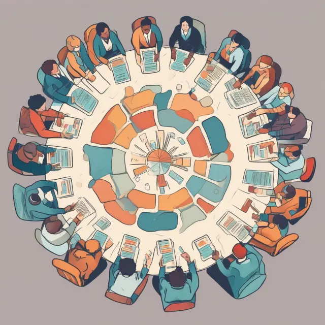 Borrowers and investors gather around a round table for P2P lending transactions, illustrating collaboration and innovation