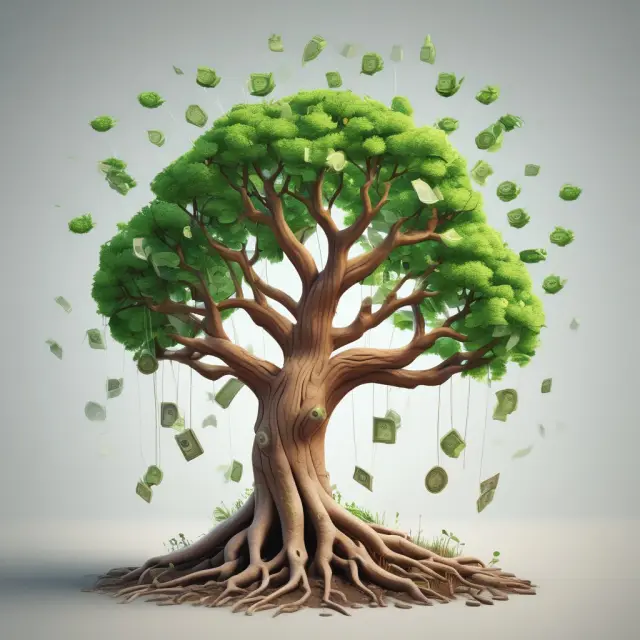A tree rooted in a P2P lending platform sprouts loans as branches, symbolizing growth and diversity.