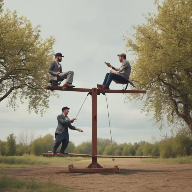 Two individuals sitting on opposite ends of a seesaw, symbolizing borrowers and investors in peer-to-peer lending, representing the balance between risks they face
