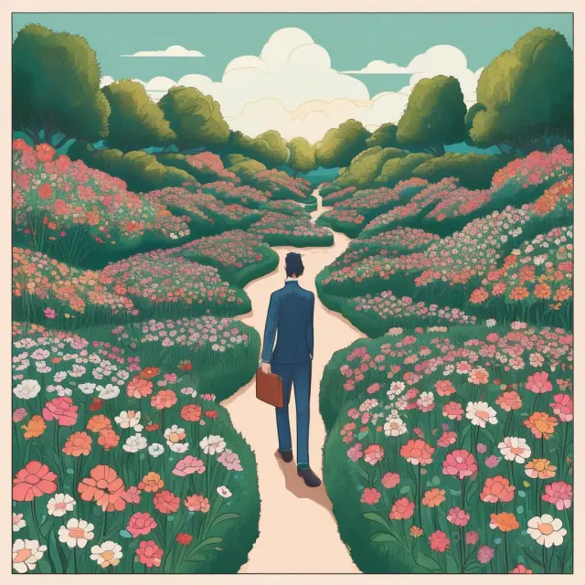 An investor tending a flourishing garden filled with various borrower profiles, symbolizing the process of selecting investments in P2P lending.