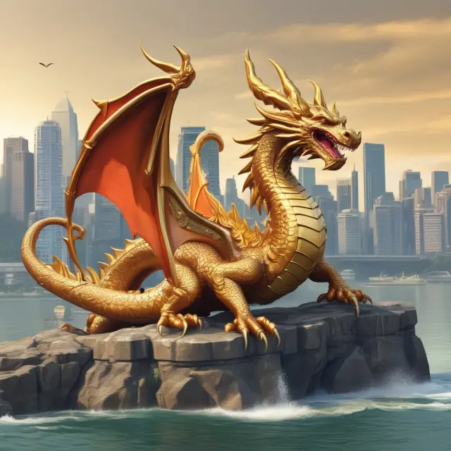 Anchored dragon symbolizing stable currency protecting a golden bridge connecting two currencies, representing stable exchange rates and expanding trade