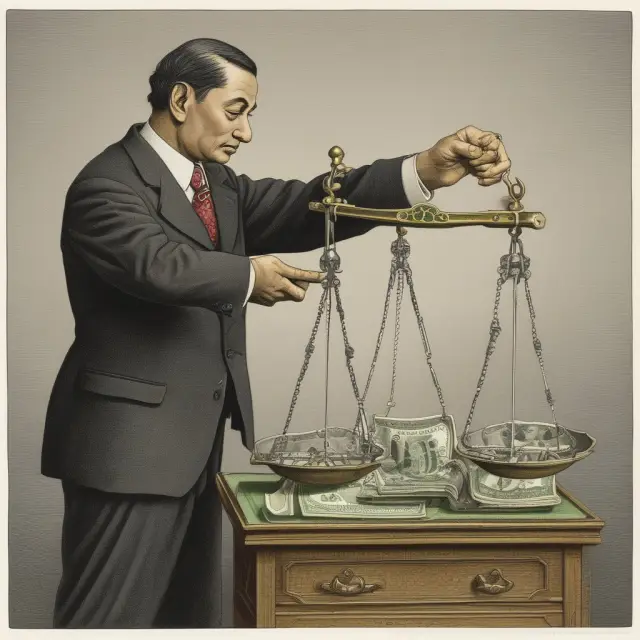Central banker balancing currencies on scales to maintain a pegged exchange rate