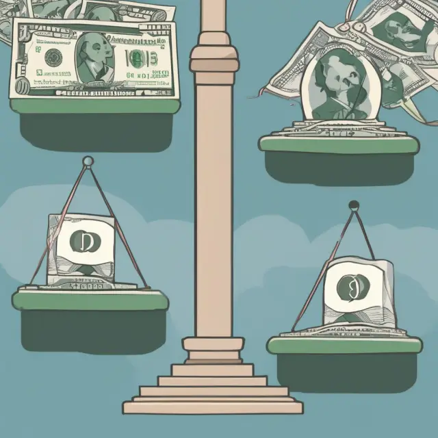 Visualization of three scales representing purchasing power, trade deficits, and foreign exchange reserves, each tipping towards a dollar sign
