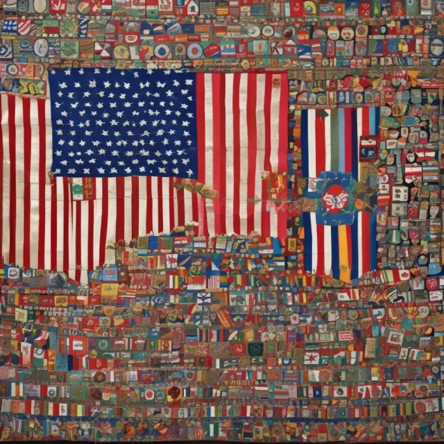 Tapestry depicting flags of pegged currencies interconnected by a golden thread (U.S. dollar), representing international currency pegging.