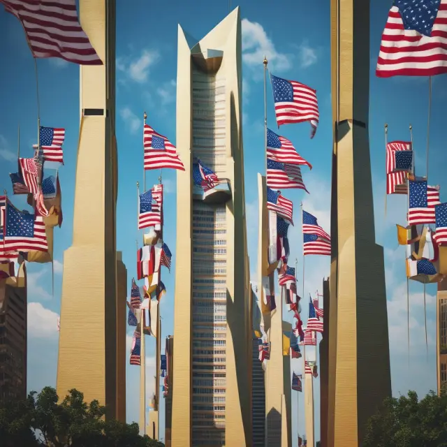 Golden US dollar with various country flags stacked on top representing currency pegging