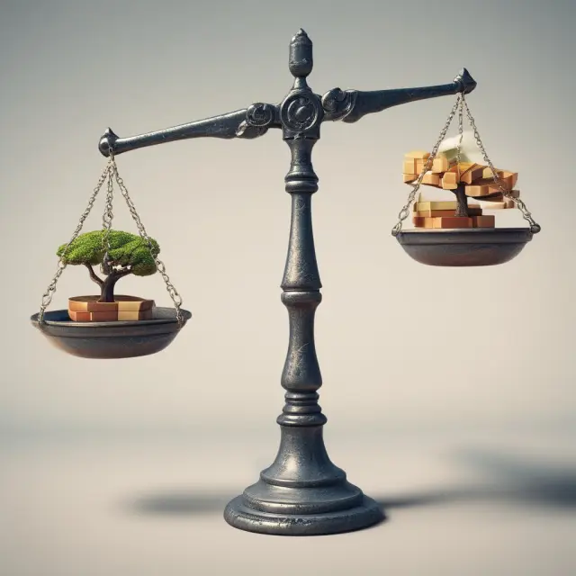 A visualization of PEG ratio analysis, showing two companies on a balance beam. One company has a lower P/E and slower growth rate, while the other has a higher P/E but faster growth rate.