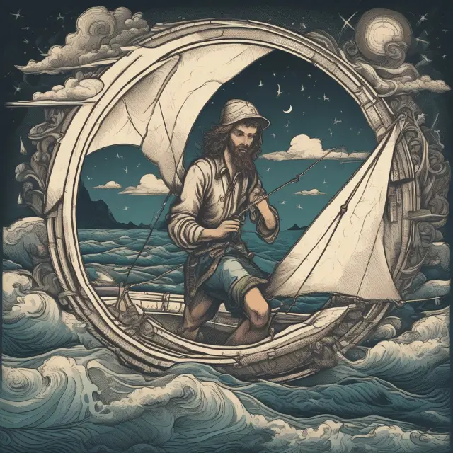 A student steering a boat through tranquil waters, with stacks of FAFSA papers and a compass guiding their journey