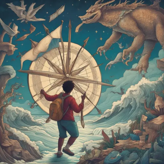 A student sailing through a sea of knowledge, guided by a Pell Grant compass, past mythical creatures symbolizing common misconceptions about eligibility, award determination, and renewal.