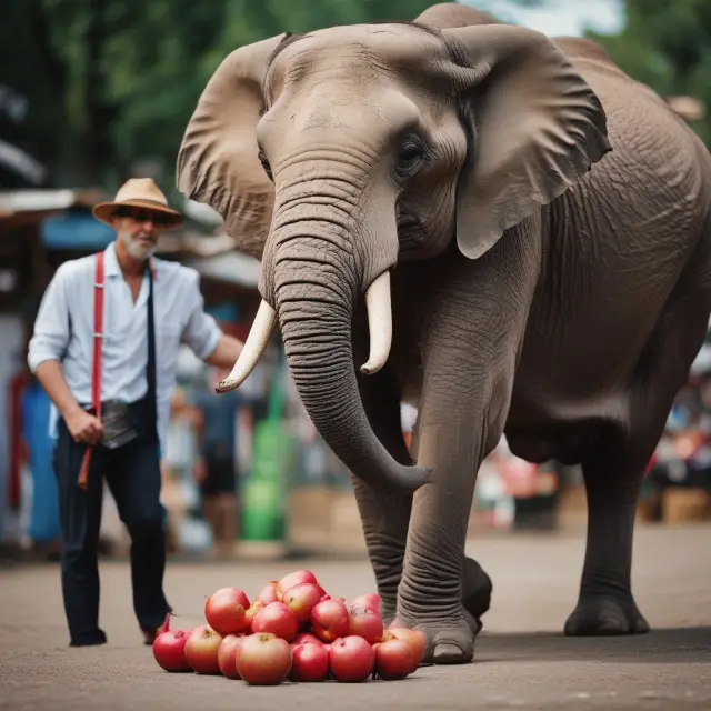 An elephant approaches a bustling marketplace carrying a basket of apples, signifying the implementation of penetration pricing strategy