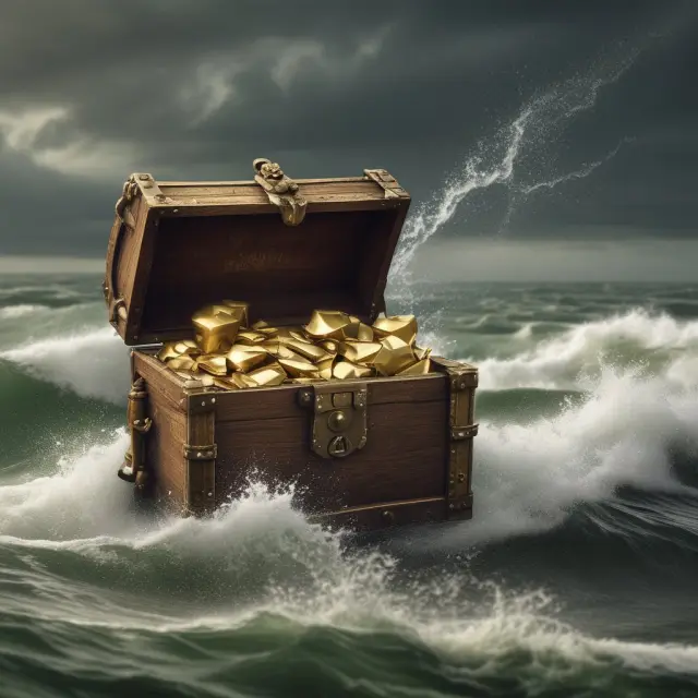 Golden iPod on a treasure chest amidst stormy seas, symbolizing successful penetration pricing through innovation and value