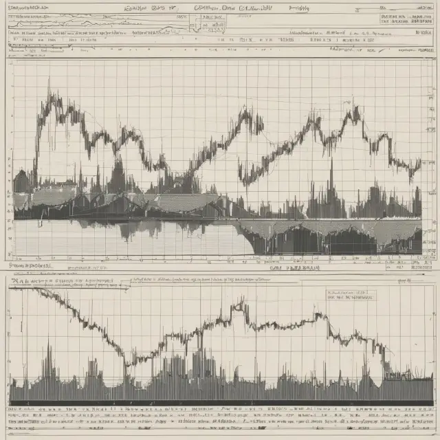 Two bull and bear figures riding volume waves within a pennant chart, illustrating the significance of trading volumes in confirming trends